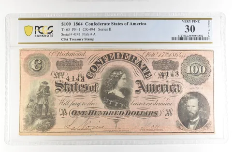 1864 $100 Confederate States Large Note T-65 PF-1 CR-494 VF30 Details PCGS *4175