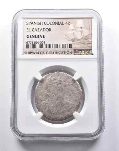 Genuine El Cazador Spanish Colonial 4 Reales NGC Shipwreck Certification *3704