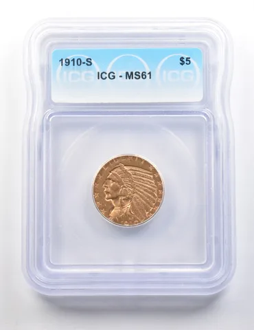1910-S $5 Indian Head Gold Half Eagle MS61 ICG *9538