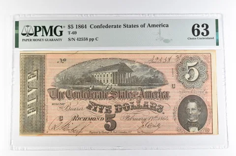 1864 $5 Confederate States of America T-69 Choice Unc 63 PMG *0633