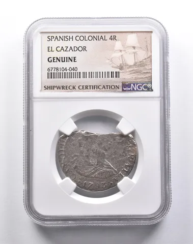 Genuine 1783 El Cazador Spanish Colonial 4 Reales NGC Shipwreck Cert. *3744