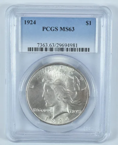 1924 Peace Silver Dollar MS63 PCGS Blue Label