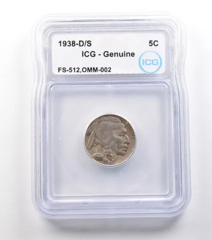 1938-D/S Indian Head Buffalo Nickel FS-512 OMM-002 Genuine ICG *1509