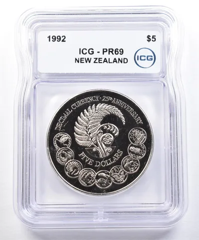 1992 New Zealand 5 Dollars Decimal Currency 25th Anniversary PR69 ICG *1602