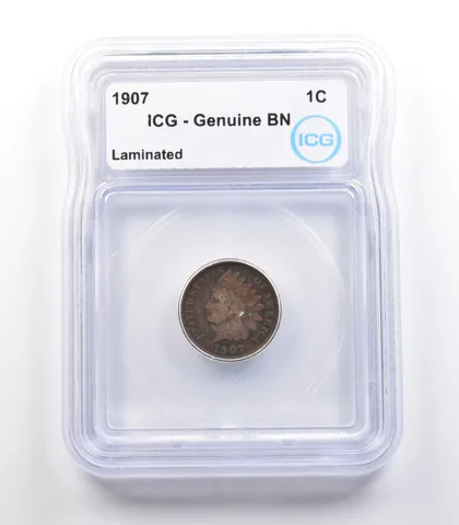 1907 Indian Head Cent Mint Error Laminated Genuine BN ICG *2288