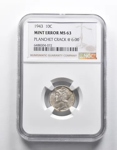 Mint Error MS63 1943 Mercury Dime Planchet Crack @6:00 NGC *1892