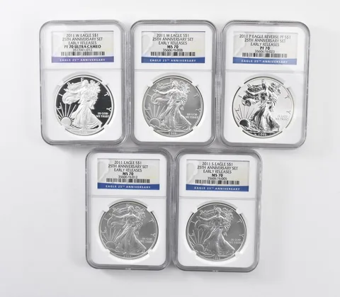 (5) 2011/P/S/W Silver Eagle 25th Anniv ER MS70/Reverse PF70/PF70 UCAM NGC *5288