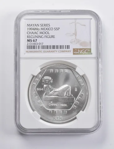 MS67 1994 Mo Mexico 5 Pesos Silver Chaac Mool Reclining Mayan Series NGC *4827