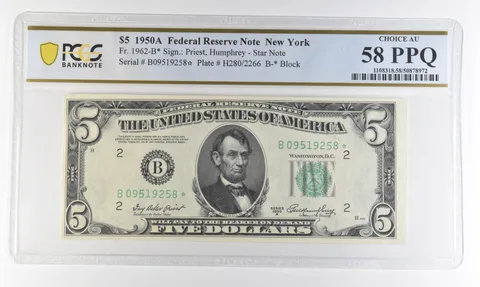1950 A $5 New York NY FRN Fr#1962-B* Star Note Choice AU 58 PPQ PCGS *4365
