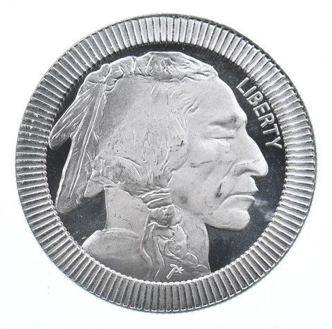VINTAGE Art Bar/Round Indian Head Buffalo Pattern 1 Oz. .999 Silver 1 T Oz *835