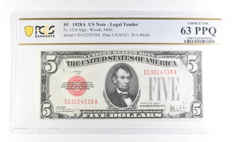 1928 A $5 US Legal Tender Fr#1526 Choice Unc 63 PPQ PCGS a2413