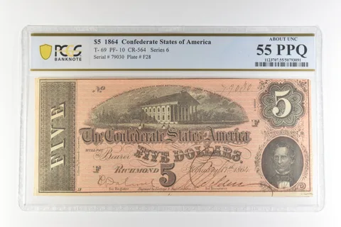 1864 $5 Confederate States America T-69 PF-10 CR-564 AU 55 PPQ PCGS *4411