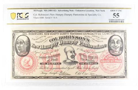 (1881-81) Advertising NY Robinson's Humpty Dumpty Pantomime AU 55 PCGS *9443