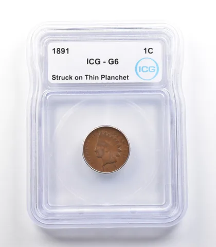 1891 Indian Head Cent Mint Error Struck On Thin Planchet G6 ICG *2292
