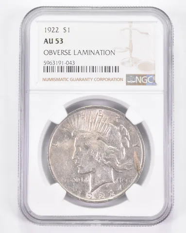 AU53 1922 Peace Silver Dollar - OBV Lamination - Graded NGC a8905