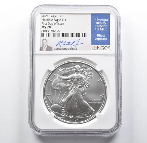 MS70 2021 American Silver Eagle FDOI Heraldic Eagle T1 Signed Jeppson NGC a2107