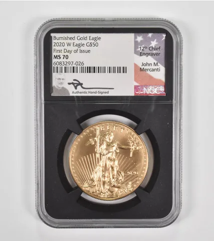 MS70 2020-W $50 American Burnished 1 Oz .999 Gold Eagle FDOI Mercanti NGC *1419
