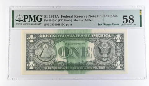 1977 A $1 Philadelphia PA FRN Ink Smear Error Fr#1910-C Choice AU 58 PMG *9484