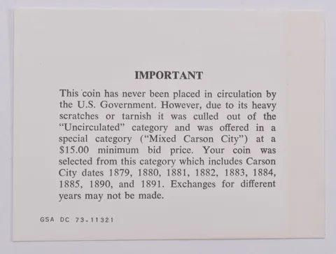 COA GSA Important Certificate for Mixed Unc Carson City Morgans 73.11321