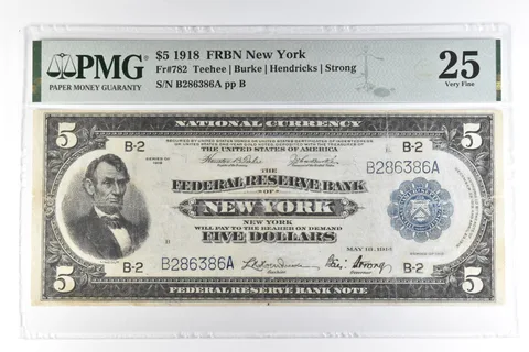 1918 $5 New York NY FRBN Fr#782 Large Note Blue Seal Very Fine 25 PMG *1718