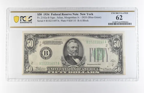 1934 $50 New York NY FRN Fr#2102a-B DGS (Blue-Green) Uncirculated 62 PCGS *7898