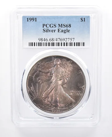 1991 American Silver Eagle MS68 PCGS Purple Tone *8646