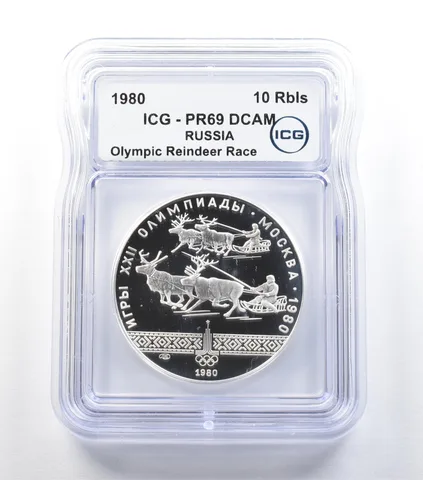 1980 USSR 10 Roubles Olympic Reindeer Race PR69 DCAM ICG *0507