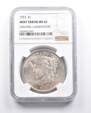 MS62 1923 Peace Silver Dollar Error OBV Lamination NGC Zorro a6662