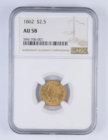 AU58 1862 $2.50 Liberty Head Gold Quarter Eagle - Graded NGC *2352