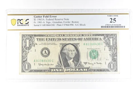 1963 A $1 Boston MA FRN Gutter Fold Error Fr#1901-A Very Fine 25 PCGS *5810