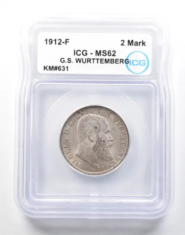 1912 F German States Wurttemberg 2 Mark KM#631 MS62 ICG *0516