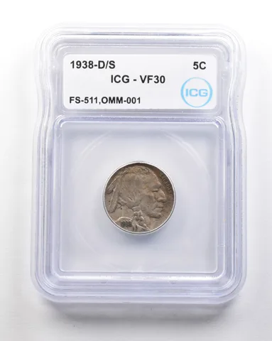 1938-D/S Indian Head Buffalo Nickel Mint Error FS-511 OMM-001 VF30 ICG *1654