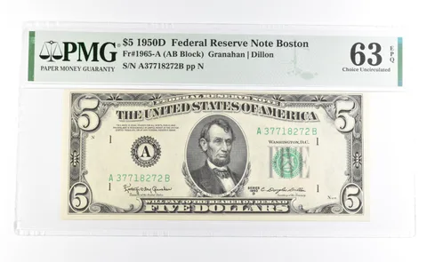 PMG 63 Choice Unc EPQ 1950 D $5 Boston, MA US FRN Green Seal Fr#1965-A *1019