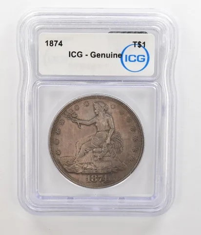 1874 Seated Liberty Trade Dollar Genuine ICG Nice Tone a5496