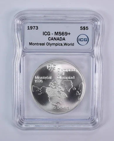 1973 Canada 5 Dollars Silver Montreal Olympics World Map MS69+ ICG