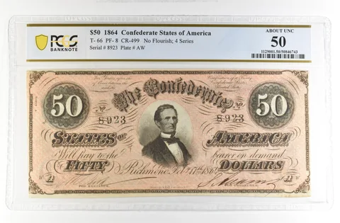 1864 $50 Confederate States America Large Note T-66 PF-8 CR-499 AU 50 PCGS *4215