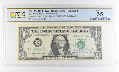 1963 B $1 Richmond VA FRN Courtesy Autograph FR#1902-E VF35 PCGS Barr *0614