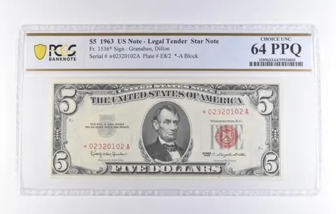 1963 $5 Legal Tender Star Note Fr#1536* Choice Unc 64 PPQ PCGS *8302