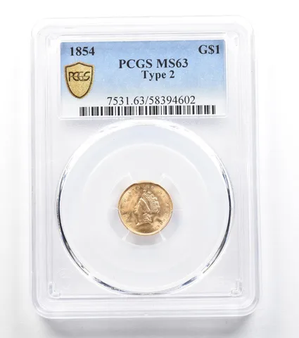 1854 $1 Indian Princess Head Gold Dollar Type 2 MS63 PCGS *9604