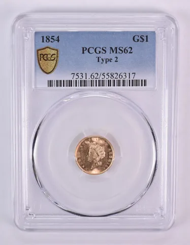 1854 $1 Indian Princess Head Gold Dollar Type 2 MS62 PCGS *1023