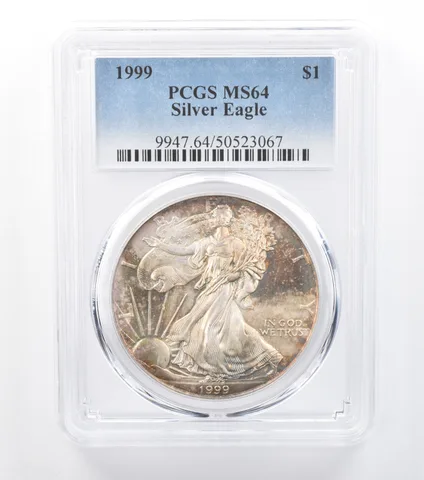 1999 American Silver Eagle MS64 PCGS Soft Rainbow Tone a7788