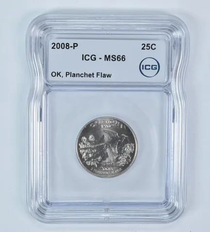 2008-P State Quarter Oklahoma Mint Error Planchet Flaw MS66 ICG