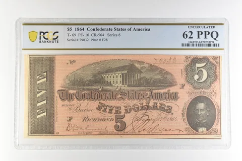1864 $5 Confederate States America T-69 PF-10 CR-564 Unc 62 PPQ PCGS *4412