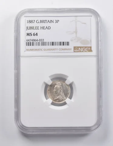 MS64 1887 Great Britain 3 Pence Jubilee Head NGC *7085