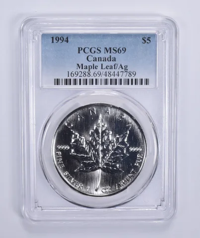 1994 Canada 5 Dollar Maple Leaf 1 Oz .999 Silver MS69 PCGS Blue Label