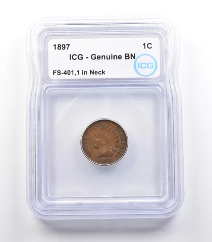1897 Indian Head Cent Mint Error FS-401 1 In Neck Genuine BN ICG *2332