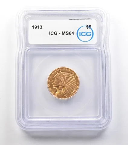 1913 $5 Indian Head Gold Half Eagle MS64 ICG *0888
