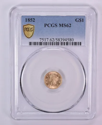 1852 $1 Liberty Head Gold Dollar MS62 PCGS Blue Label