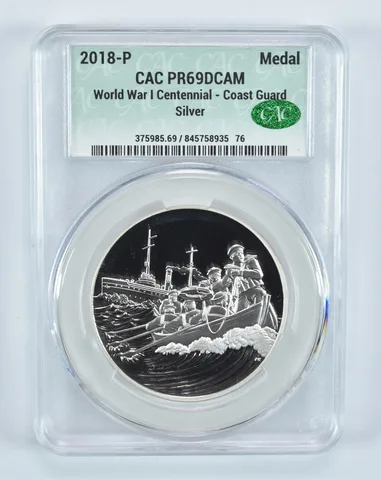 2018-P Silver Medal World War I Centennial Coast Guard PR69 DCAM CAC CACg