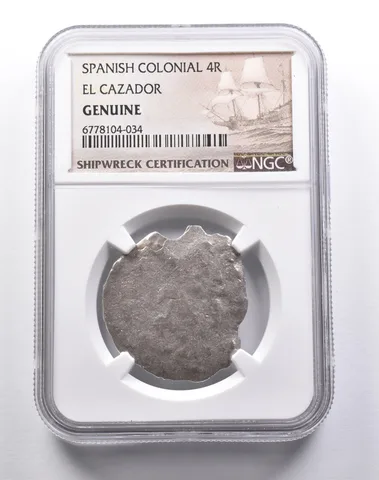 Genuine El Cazador Spanish Colonial 4 Reales NGC Shipwreck Certification *3746